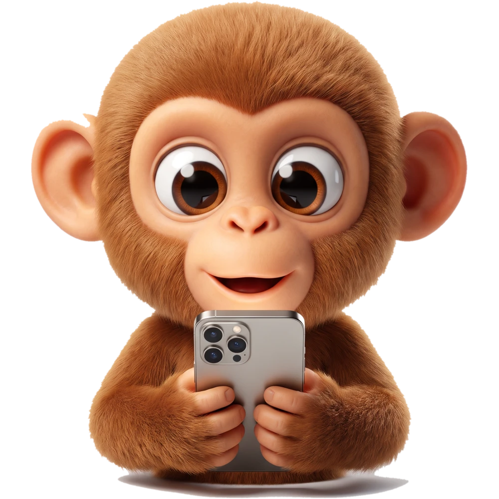 iApe: a small monkey holding a phone with both hands, eyes wide